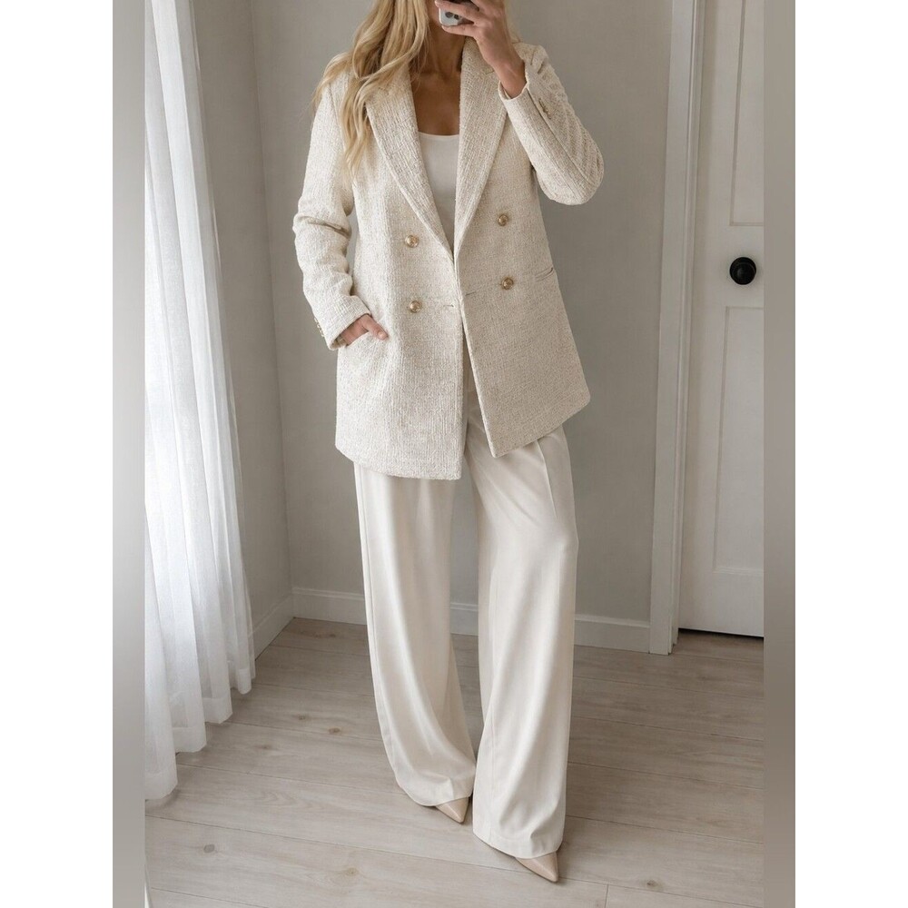 HM Womens Cream Double-Breasted Bouclé Coat Size XL